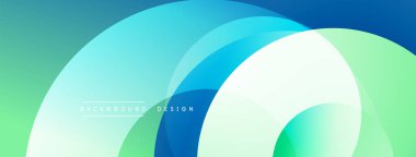 Soyut tasarım. Üst üste binen daireler canlı bir eğim yaratıyor. Mavi, yeşil, beyaz renkler düzgün bir şekilde harmanlanır. Modern estetik, temiz kompozisyon. Minimalist stil.
