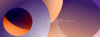 Soyut kompozisyon. Üst üste binen daireler dinamik değişim etkisi yaratır. Mor, turuncu renkler tasarımda baskın. Minimalist estetik, modern his. Yumuşak geçişler, yumuşak gölgeler.