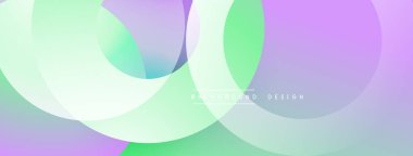 Soyut tasarım. Üst üste binen daireler yumuşak eğimler yaratır. Mor, yeşil renkler baskın. Modern estetik. Minimalist tarzda. Sorunsuz geçişler. Canlı renkler.