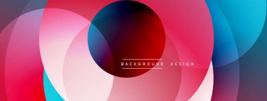 Soyut renkli tasarım. Üst üste binen daireler dinamik bileşim yaratır. Kırmızı, mavi, pembe renkler düzgün bir şekilde harmanlanır. Modern estetik, canlı, sanatsal.
