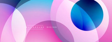 Soyut renkli çemberler çakışıyor. Pembe, mavi, mor renkler dinamik kompozisyon yaratır. Arkaplan, sunum ve markalaşma için modern tasarım.