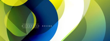 Soyut renkli çemberler dinamik bileşim oluşturur. Yeşil, mavi, sarı günümüz modern tasarımının tonlarında. Minimalist estetik.