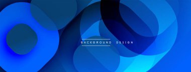 Soyut mavi şekiller dinamik bileşim oluşturur. Renkler derinliği gösteriyor, modern tasarımı. Metin BACKground DESIGN 'i okur.