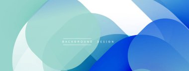 Soyut şekiller çakışır. Mavi, turkuaz, beyaz renkler modern tasarım yaratır. Yumuşak eğimler derinliği ve sadeliği gösterir. Minimalist estetik.