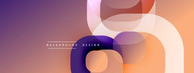 Soyut şekiller çakışır. Gradyan renkler modern tasarım yaratır. Mor, turuncu renkler kompozisyona hakim. Minimalist estetik, pürüzsüz geçişler.