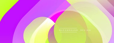 Canlı örtüşen daireler dinamik soyut kompozisyon oluşturur. Pürüzsüz gradyanlar mor, yeşil ve sarı renkleri harmanlarlar. Modern tasarım ögesi.