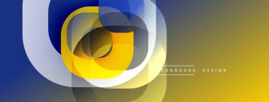 Soyut kompozisyon. Üst üste binen daireler, sarı, mavi, gri. Modern tasarım. Yumuşak eğimler, dinamik şekiller. Minimalist estetik. Parlak renkler, temiz çizgiler.