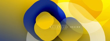 Soyut şekiller örtüşür, dinamik bileşim yaratır. Sarı, mavi, gri renkler karışır. Modern tasarım, pürüzsüz eğimler, basit geometri. Arkaplan ögesi.
