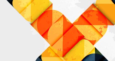 Soyut kompozisyon. Üst üste binen daireler, üçgenler dinamik desen oluşturur. Sıcak turuncu, sarı tonlar baskın. Beyaz alan zıtlık sağlar. Modern tasarım.