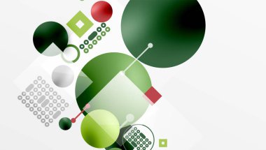 Soyut geometrik şekiller, daireler, kareler, noktalar. Yeşil, kırmızı, gri renkler. Minimalist tasarım, modern kompozisyon. Temiz çizgiler, basit formlar..