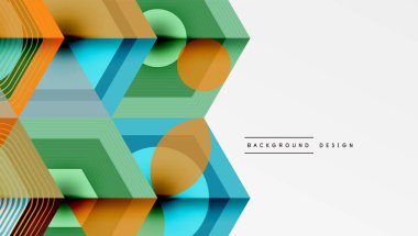 Soyut geometrik şekiller, canlı renkler, modern tasarım. Üst üste binen altıgenler, daireler dinamik bileşim oluşturur. Temiz çizgiler, eğimli dolgular, şık bir arkaplan..
