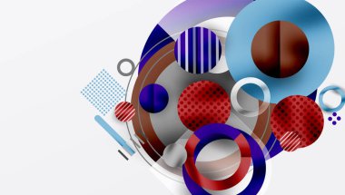 Soyut geometrik şekiller, daireler, çizgiler, noktalar. Mavi, kırmızı, kahverengi, mor renkler. Modern tasarım, dinamik kompozisyon, üst üste binen elementler. Minimalist stil.