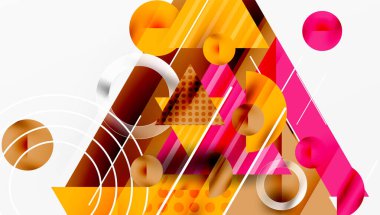 Soyut geometrik bileşim. Üst üste binen şekiller, daireler, üçgenler, çizgiler dinamik görsel deneyimler yaratır. Sıcak renk paleti tasarıma hükmediyor.