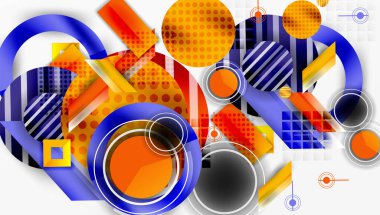 Soyut geometrik bileşim. Üst üste binen daireler, kareler, çizgiler dinamik görsel deneyimler yaratır. Parlak renkler, desenler dizaynın hakimi. Modern, canlı estetik..