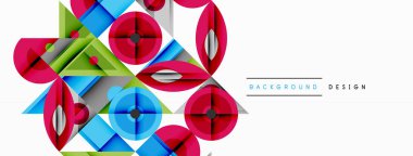 Parlak geometrik şekiller çakışıyor. Canlı renkler soyut bileşim oluşturur. Modern tasarım elementleri, temiz çizgiler, dinamik desen.