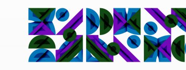 Soyut geometrik desen. Mor, yeşil, mavi şekiller kesişiyor. Modern tasarım, kalın renkler, dinamik kompozisyon. Minimalist estetik, düz çizim.