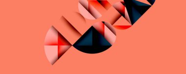 Soyut geometrik şekiller, turuncu arka plan. Kırmızı, siyah, beyaz elementler dinamik bileşim oluşturur. Modern tasarım, minimalist estetik.