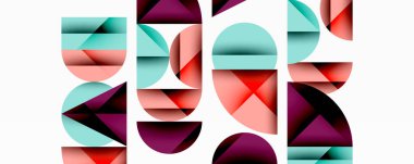 Soyut geometrik şekiller, canlı renkler, üst üste binen formlar, modern tasarım, dinamik bileşim, gradyanlar, yarı daireler, üçgenler, sanatsal ifade, dijital sanat.