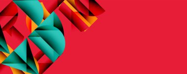 Soyut geometrik şekilli kırmızı arkaplan. Teal, turuncu, kırmızı katmanlar dinamik bileşim oluşturur. Modern tasarım, canlı renkler, keskin açılar..