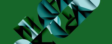 Soyut geometrik şekiller, yeşil arkaplan. Mavi, beyaz formlar kesişiyor, dinamik bileşim oluşturuyor. Modern tasarım, dijital sanat.