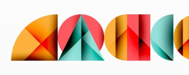 Renkli geometrik şekiller. Soyut tasarım. Üst üste binen formlar dinamik bileşim oluşturur. Modern sanat tarzı. Parlak palet. Minimalist estetik.