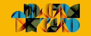 Parlak geometrik şekiller metin oluşturur. Kalın renkler, turuncu, mavi, yeşil, siyah dinamik bileşim yaratır. Modern tasarım, soyut sanat, canlı estetik..