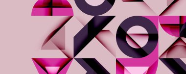 Soyut geometrik bileşim. Şekiller çakışıyor, dinamik görsel etki yaratıyor. Pembe, mor, siyah renkler tasarımda baskın. Modern, cesur estetik..