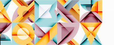 Soyut geometrik bileşim. Üst üste binen şekiller dinamik görsel efekt yaratır. Parlak renkler, temiz çizgiler, modern tasarım.