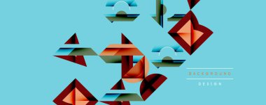 Soyut geometrik şekiller, canlı renkler, katmanlı tasarım. Mavi arka plan derinlik yaratır, modern estetik. Minimalist kompozisyon, sanatsal izlenim.