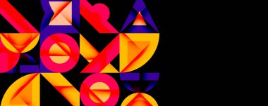 Parlak geometrik şekiller siyah arkaplanda kesişir. Canlı renkler dinamik bileşim yaratır. Soyut tasarım modern estetiği çağrıştırıyor.