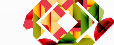 Soyut geometrik şekiller, canlı renkler, dinamik bileşim, katmanlı tasarım, modern estetik, temiz çizgiler, kalın biçimler, görsel etki, sanatsal ifade.