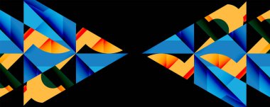 Parlak geometrik şekiller, mavi, turuncu, yeşil. Soyut tasarım, simetri, modern sanat. Canlı renkler, keskin açılar, dijital çizimler. Minimalist estetik, cesur kompozisyon.