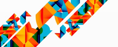 Soyut geometrik tasarım. Parlak şekiller örtüşür, dinamik bileşim yaratır. Beyaz çizgi canlı renklerde kesiliyor. Modern, cesur estetik..