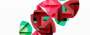 Soyut geometrik şekiller, canlı renkler, kırmızı, yeşil, pembe. Modern tasarım, dijital illüstrasyon, üst üste binen formlar, dinamik kompozisyon. Minimalist estetik.