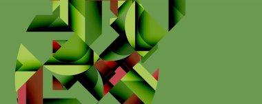 Yeşil arkaplan soyut şekiller içerir. Kırmızı, koyu yeşil elementler karmaşık bileşimler yaratır. Modern tasarım, geometrik biçimler, canlı renkler.