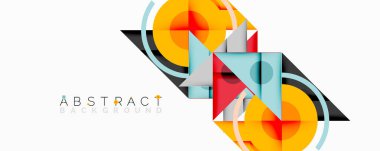 Parlak geometrik şekiller çakışıyor. Turuncu, kırmızı, deniz mavisi, gri, siyah renkler modern tasarım yaratır. Minimalist kompozisyon, dinamik çizgiler, soyut elementler.