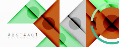 Modern tasarım. Geometrik şekiller çakışıyor. Yeşil, turuncu, gri renkler dinamik kompozisyon oluşturur. Minimalist biçim, sunumlar için soyut arkaplan.