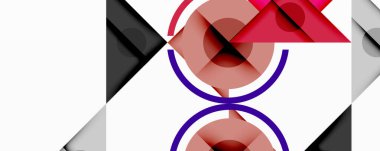 Soyut kompozisyon. Üst üste binen şekiller, daireler, üçgenler, çizgiler. Kırmızı, mor, siyah, gri tonlarda. Minimalist tasarım, modern estetik. Temiz, geometrik biçimler.