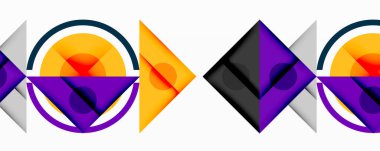 Geometrik şekiller, canlı renkler, modern tasarım. Mor, turuncu, siyah, beyaz, gradyanlar soyut kompozisyon oluşturur. Minimalist estetik, temiz çizgiler, dijital sanat.