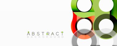 Soyut geometrik şekiller, daireler, kareler, üst üste binen katmanlar. Yeşil, turuncu, gri, siyah renkler. Modern tasarım, temiz çizgiler, basit kompozisyon.