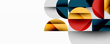 Soyut şekiller, daireler, yarım daireler üst üste binen katmanlar, kırmızı, sarı, gri, deniz mavisi. Modern tasarım, temiz çizgiler, minimalist estetik, geometrik kompozisyon.