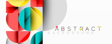 Renkli geometrik şekiller çakışıyor. Kırmızı, sarı, turkuaz, siyah elementler modern tasarım yaratır. Beyaz alan dengeyi sağlar. Minimalist estetik.