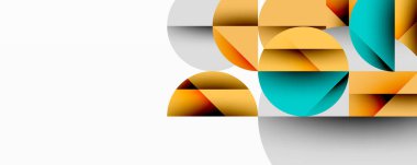 Soyut şekiller, canlı renkler, geometrik tasarım. Üst üste binen daireler, yarı daireler modern kompozisyon oluşturur. Minimalist estetik, temiz çizgiler, parlak palet.