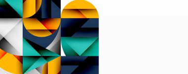 Soyut geometrik şekiller, canlı renkler, üst üste binen katmanlar, modern tasarım, temiz çizgiler, minimalist estetik, dinamik kompozisyon, düz çizim, parlak palet.