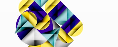 Soyut geometrik bileşim. Parlak sarı, mavi, gri şekiller kesişiyor. Modern tasarım, dinamik düzenleme, temiz çizgiler, canlı renkler. Minimalist estetik.