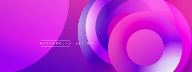 Soyut enerjik tasarım. Üst üste binen daireler dinamik bileşim yaratır. Mor, pembe renkler baskın. Modern estetik, pürüzsüz eğimler. Minimalist stil.