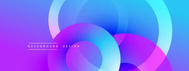 Soyut enerjik tasarım. Üst üste binen daireler dinamik değişim etkisi yaratır. Mor, mavi renkler kompozisyona hakim. Modern estetik, pürüzsüz geçişler.