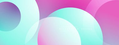 Soyut tasarım. Üst üste binen daireler pürüzsüz eğimler yaratır. Renkler mordan turkuaza, pembe, beyaz. Minimalist estetik. Modern arkaplan.