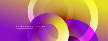 Canlı, soyut bir kompozisyon. Üst üste binen daireler dinamik eğimler yaratır. Mor, sarı renkler tasarımda baskın. Modern estetik, temiz çizgiler.