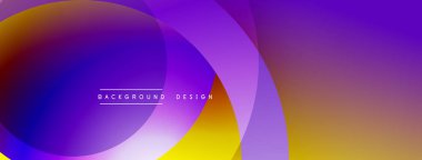 Soyut renkli arkaplan. Üst üste binen daireler dinamik görsel efekt yaratır. Mor, mavi, turuncu, sarı tonlarda. Modern tasarım ögesi.